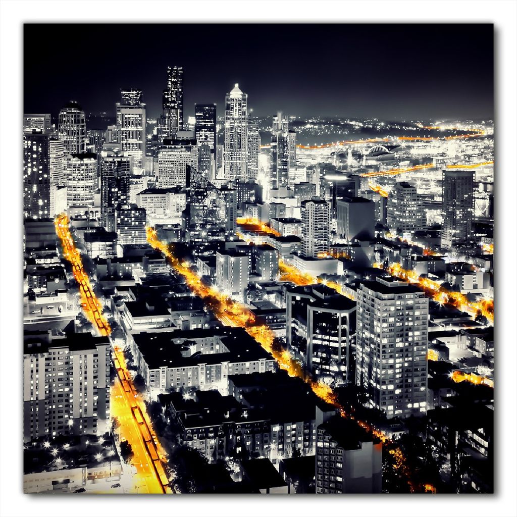 Wallario selbstklebende Möbelfolie/ Tischdecke für Innen und Außen, Größe: 60 x 60 cm - Großstadt bei Nacht - Seattle in schwarz weiß gelb
