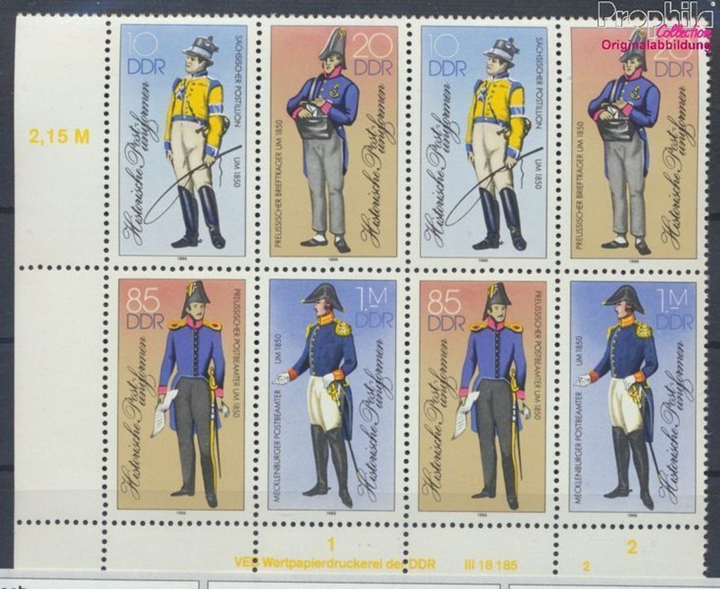 Briefmarken DDR 1986 Mi 2997II-3000II DV Viererblock mit Druckvermerk (kompl.Ausg.) postfrisch Postuniformen