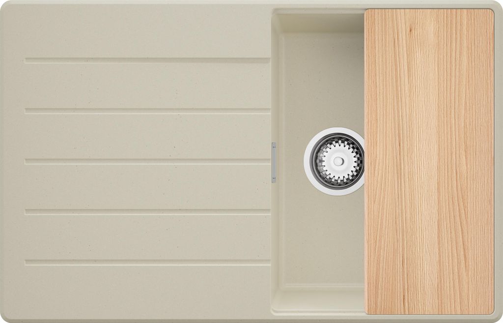 PRIMAGRAN Spülbecken Beige 78x50cm, Granitspüle 1 Becken + Ablauf-Set + Schneidebrett, Küchenspüle ab 45er Unterschrank - Kopenhagen