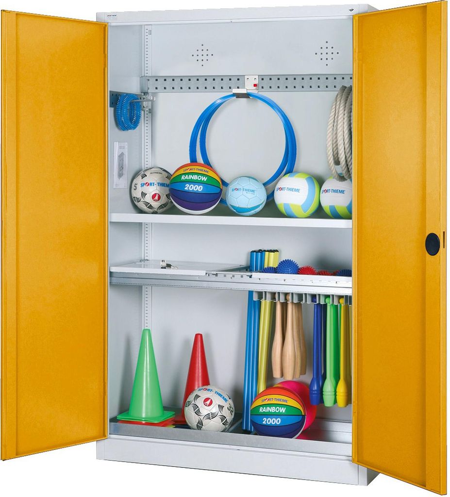 C+P Modul-Sportgeräteschrank "Komplettausstattung" mit Vollblech-Flügeltüren, HxBxT 195x120x50 cm, Ergo-Lock Muldengriff, Goldgelb (RAL 1004), L...