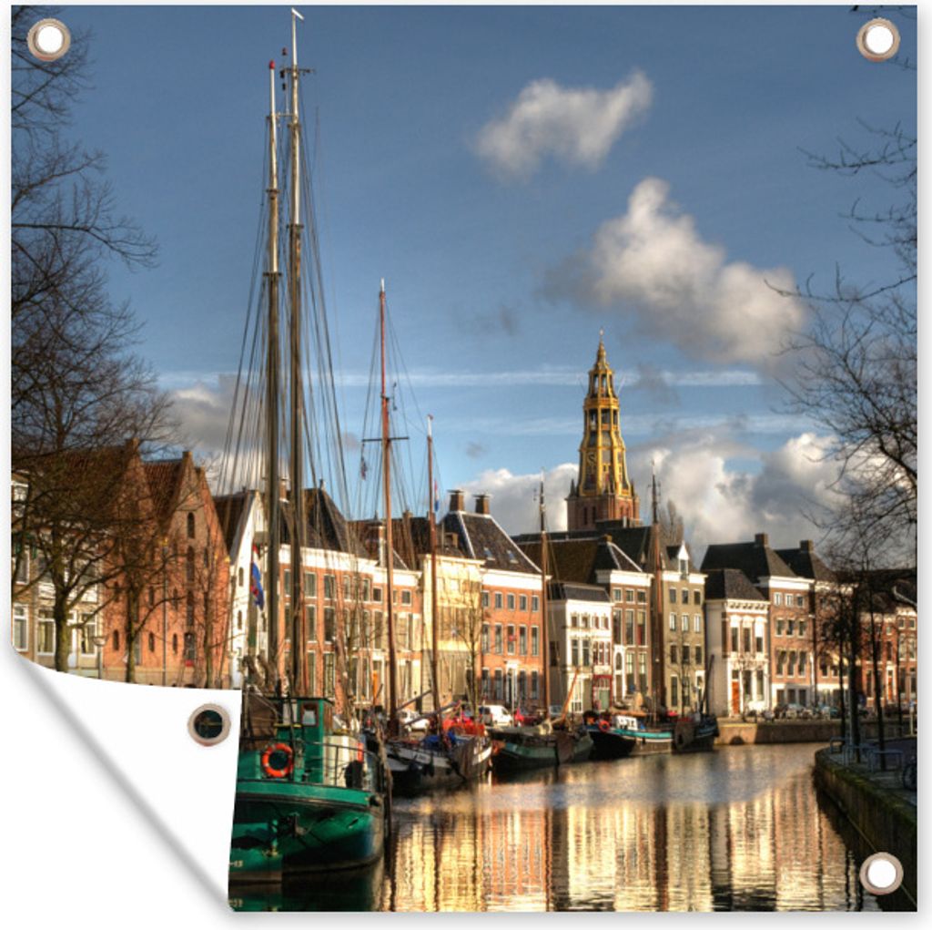 MuchoWow 50x50 cm Outdoor-Poster Gartendeko Sichtschutz Garten Poster für den Garten Groningen - Grachtenhaus - Segelboot