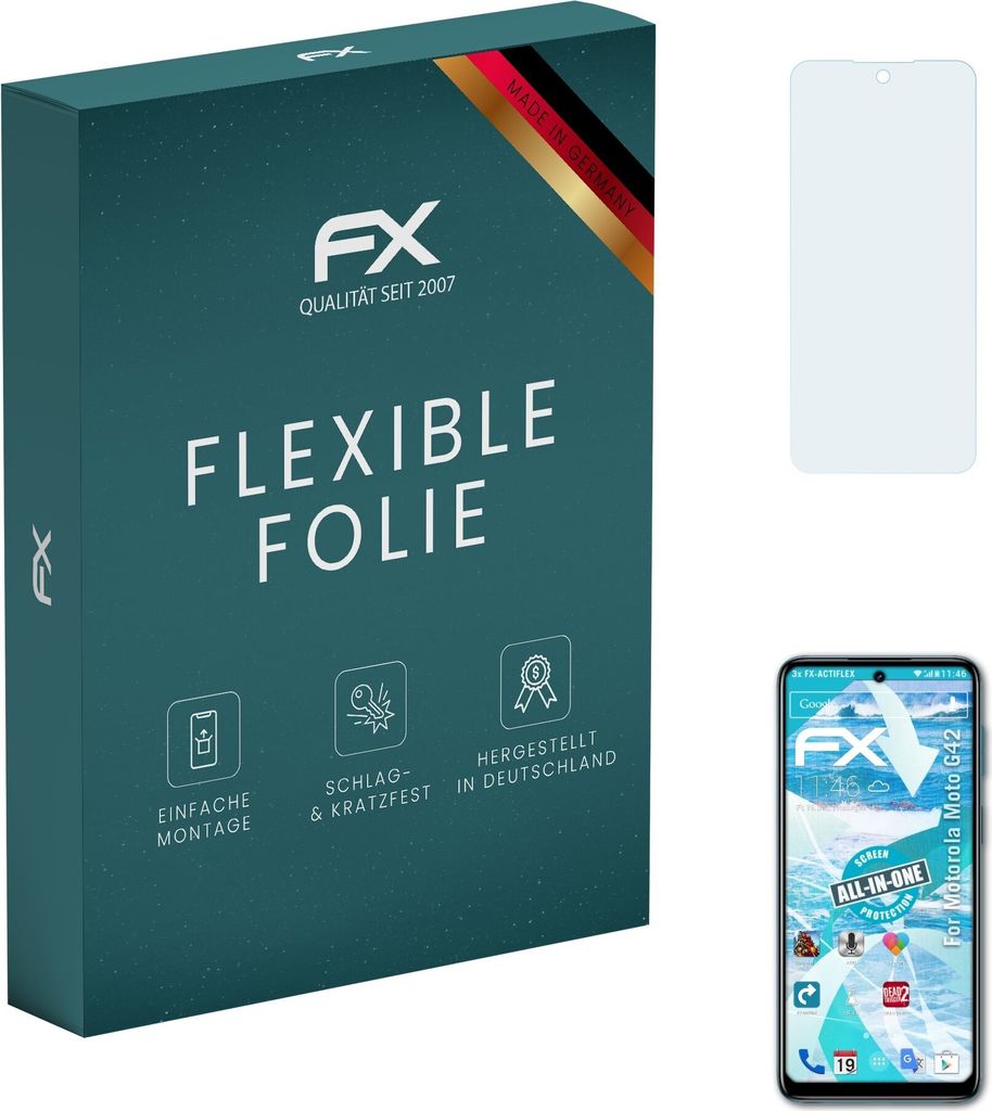 atFoliX FX-ActiFleX 3x Schutzfolie kompatibel mit Motorola Moto G42 Folie