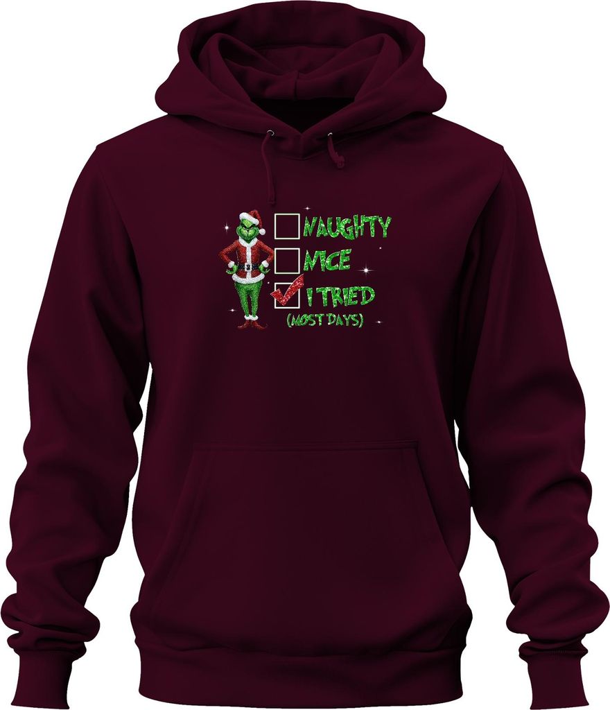 Grinch Santa I Tried (Most Days) Christmas Checkmark Funny Gift Uni Hoodie Kapuzenpullover, Burgundy, S