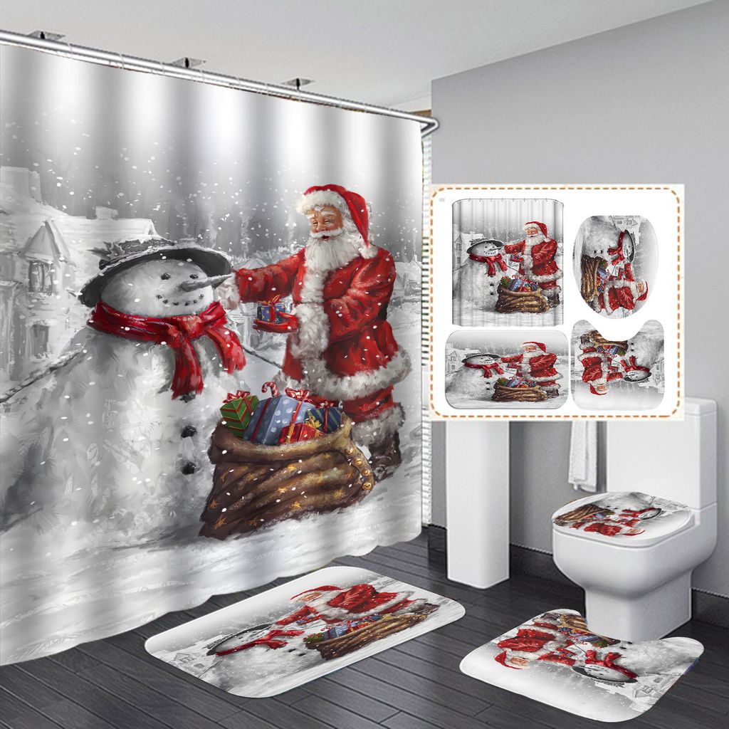 Weihnachts-Badezimmer-Duschvorhang, 4-teiliges Set, Weihnachtsmann-Muster, Wasserdichter Duschvorhang, WC-Abdeckung, Matte, Rutschfester Teppich, 7...