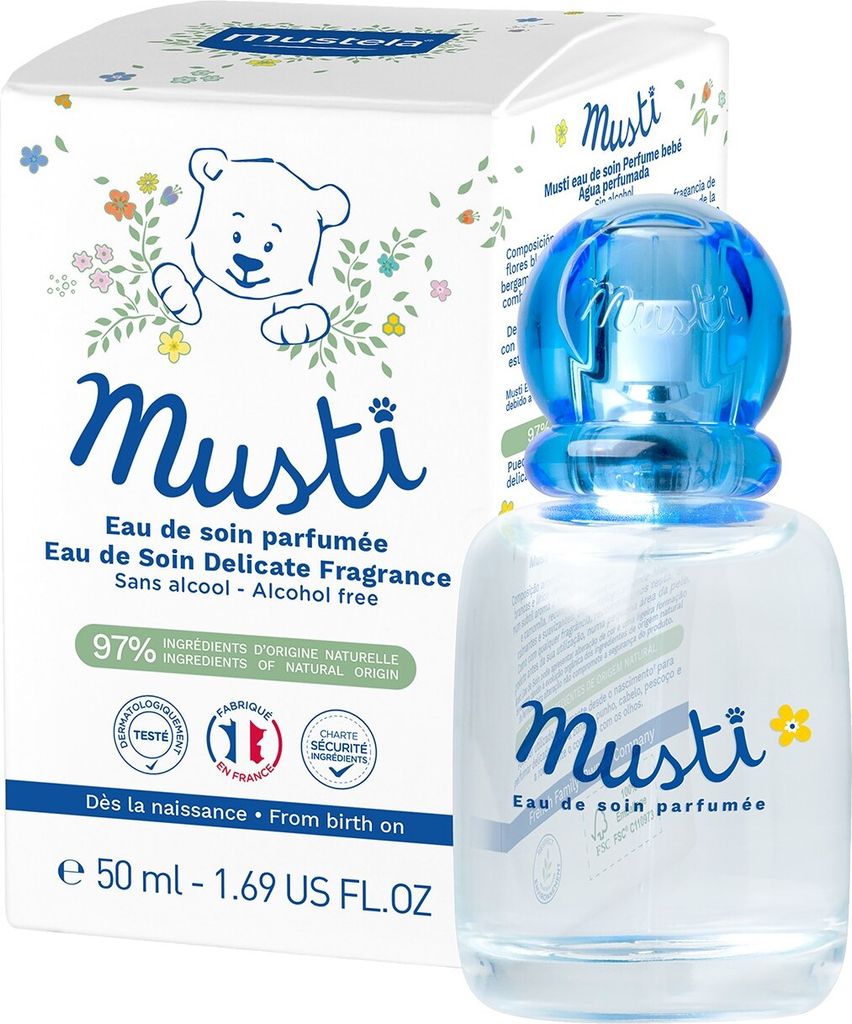 A bottle of Mustela Musti Eau De Soin Parfumee and its packaging are shown.