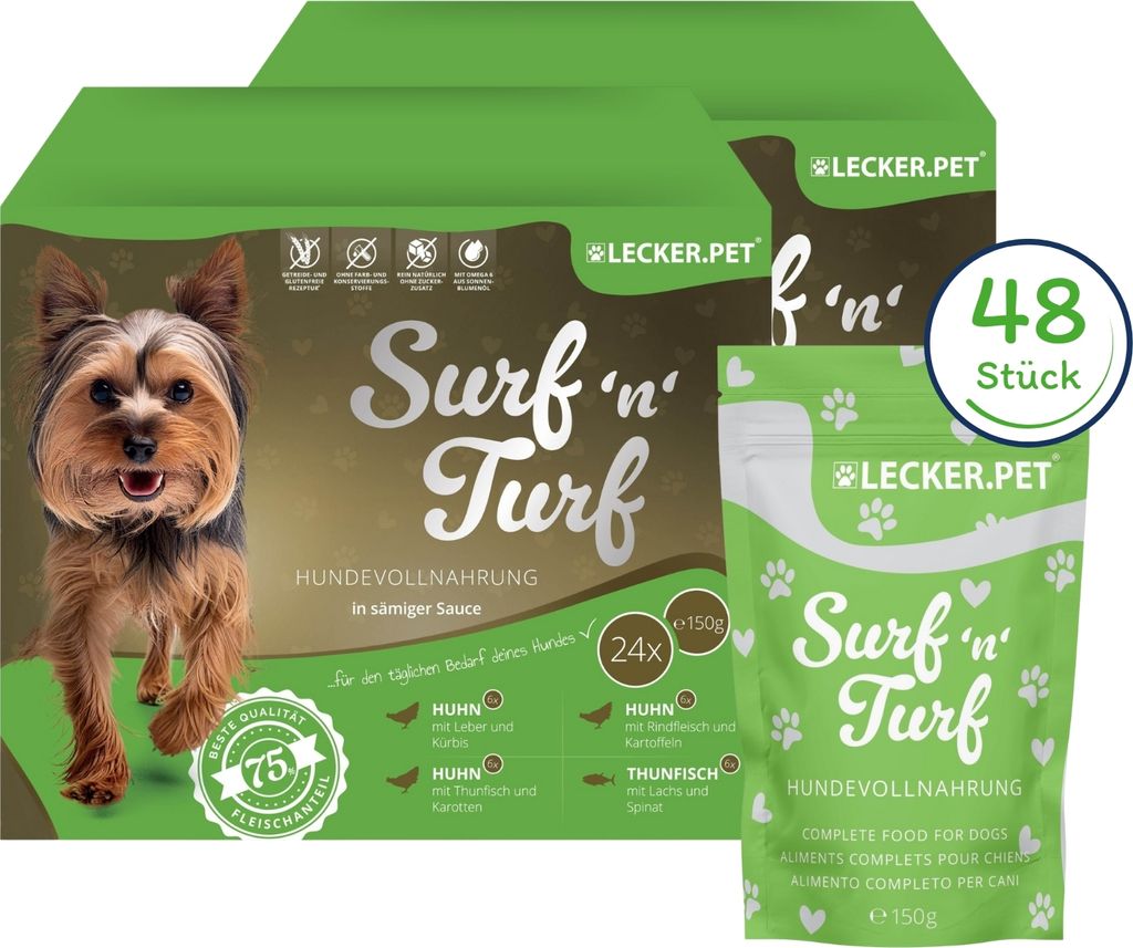 48 x 150 g Lecker.Pet Surf'n'Turf Pouches Hundefutter Nassfutter - 4 Sorten Multipack