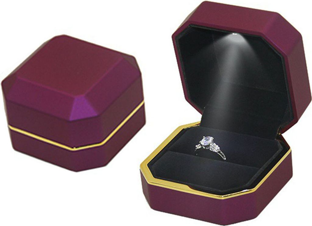 Achteckige LED-Licht-Ring-Schmuck-Aufbewahrungsbox, Organizer, Valentinstag-Geschenketui-Lila