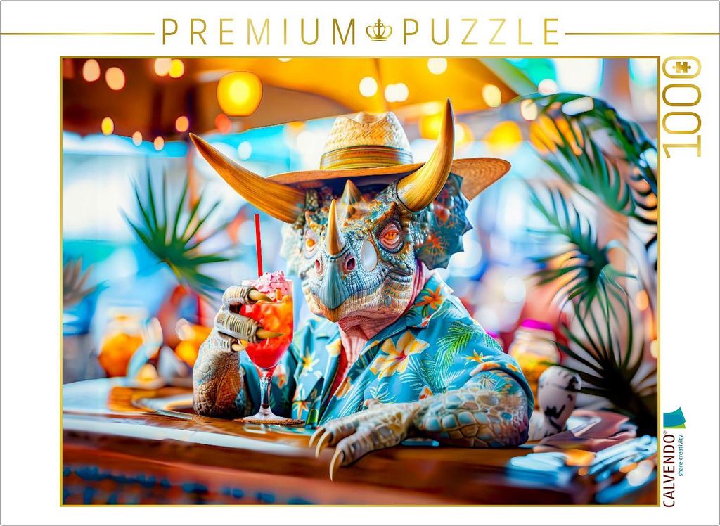 CALVENDO Puzzle Cocktailstunde - Dino an der Strandbar | 1000 Teile Lege-Größe 64x48cm Foto-Puzzle für glückliche Stunden