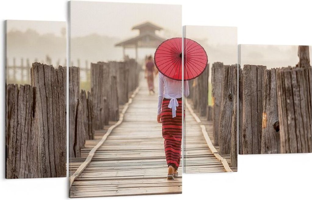 Bild auf Leinwand - Leinwandbild - 4 Teile - Birma Regenschirm Brücke - 120x70cm - Wand Bild - Wanddeko - Wandbilder - Leinwanddruck - Bilder - Wa...