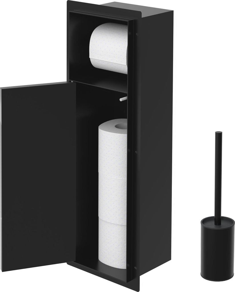 A black toilet paper holder and toilet brush set against a white background.