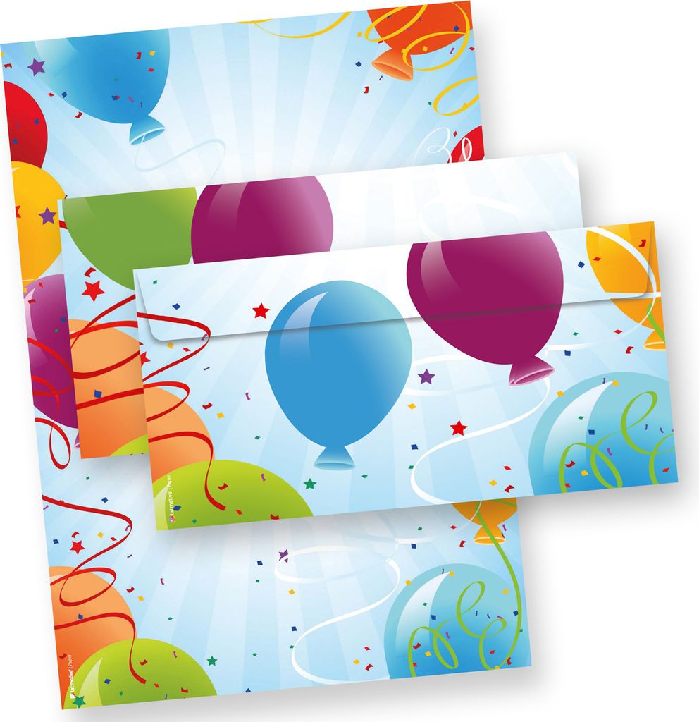 Briefpapier Geburtstag Set Luftballon 25 Sets Briefpapier mit Umschlag beidseitig DIN A4
