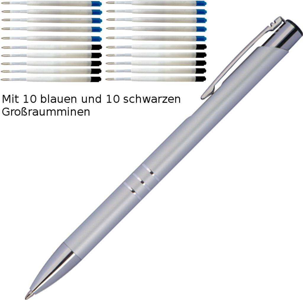 10 Kugelschreiber aus Metall / je 10 schwarze + blaue Minen / Farbe: silber