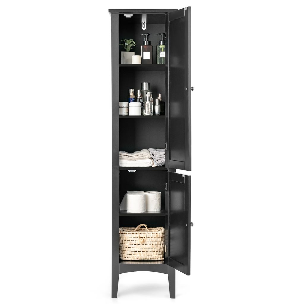 A tall, narrow black cabinet with its doors open, displaying various bathroom items on its shelves.
