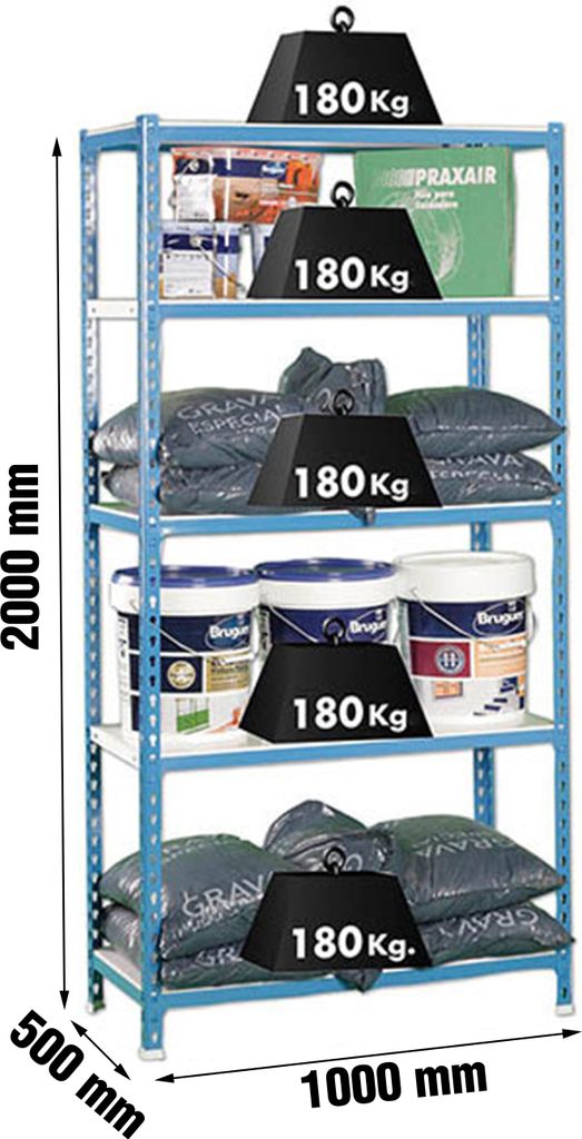 PROREGAL Schwerlastregal BIG METAL SHARK | HxBxT 200x100x50cm | Fachlast 180kg | Blau-Weiß