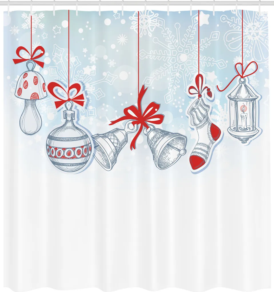 ABAKUHAUS Tenda da doccia natalizia, calze di Babbo Natale in stile retrò e giocattoli, campanelle di zucchero, fiocchi di neve, set decorativo per bagno in tessuto con ganci, 175x240 cm, bianco, arancione e blu