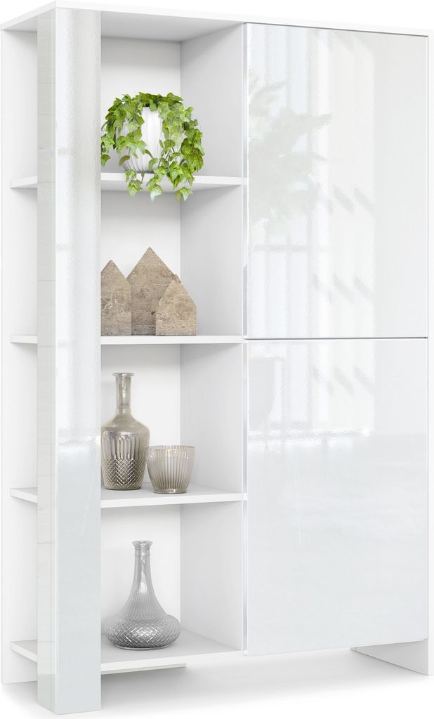 Vladon Highboard Canto, Germany, hoher Schrank mit 2 Türen und 8 Fächern, Korpus Weiß matt, Fronten Weiß Hochglanz, Nachbildung-Paneele Weiß H...