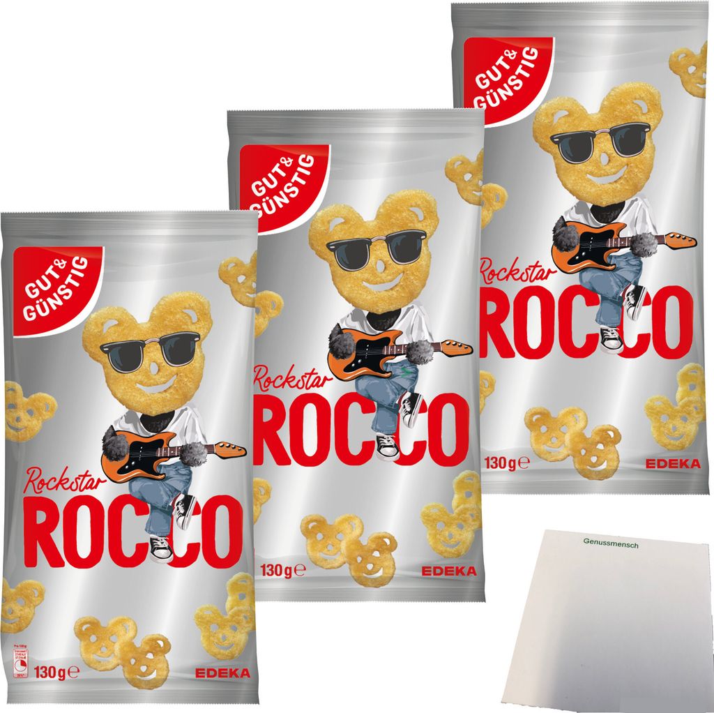 Gut & Günstig Knabbersnack ROCCO Rockstar 3er Pack (3x130g Tüte) + usy Block
