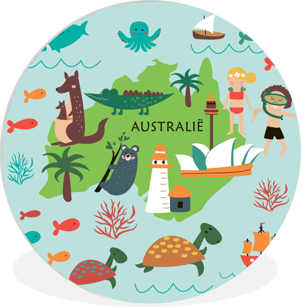 MuchoWow Rundes Wandbild - Runde Bilder Weltkarte Kinder - Australien - Tiere Ø 90 cm Kreis Wanddekoration Kunststoff - Wandkreis - Wandschmuck ...
