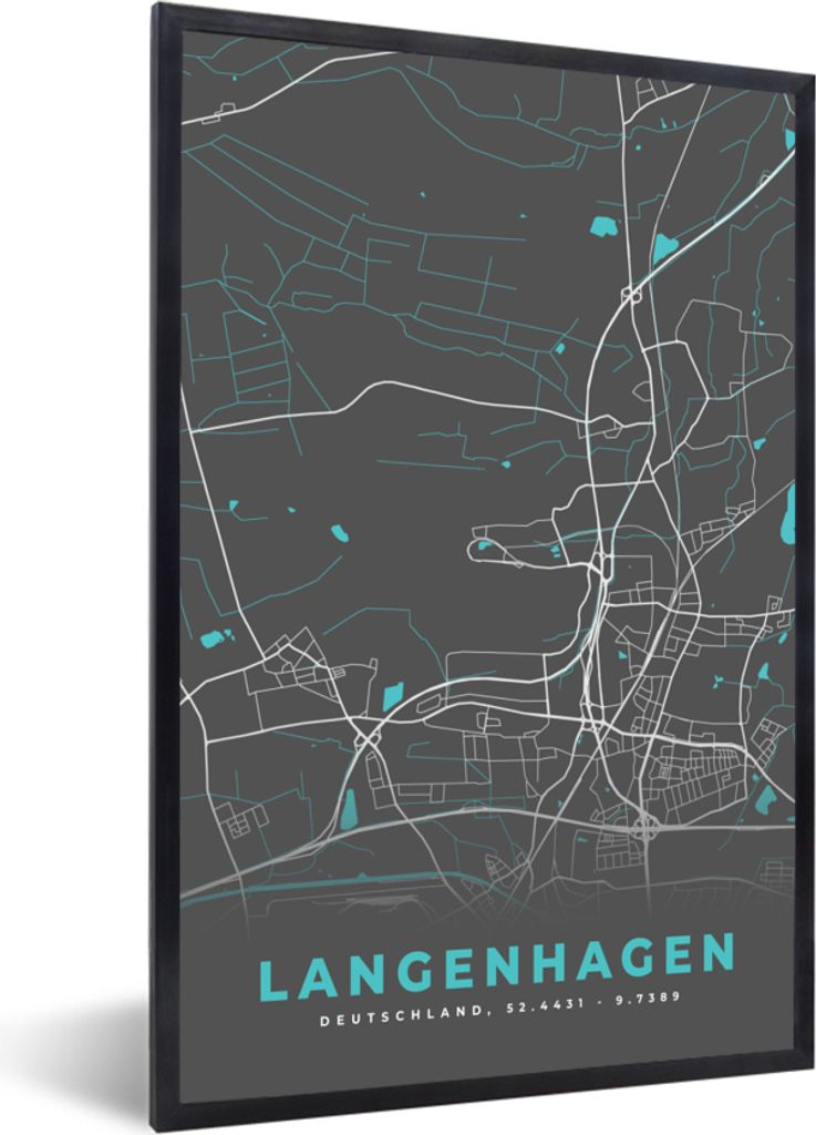 MuchoWow Gerahmtes Poster Stadtplan - Langenhagen - Deutschland - Karte 20x30 cm - Poster mit Schwarzem Bilderrahmen Wandposter Rahmen Foto Bilde...