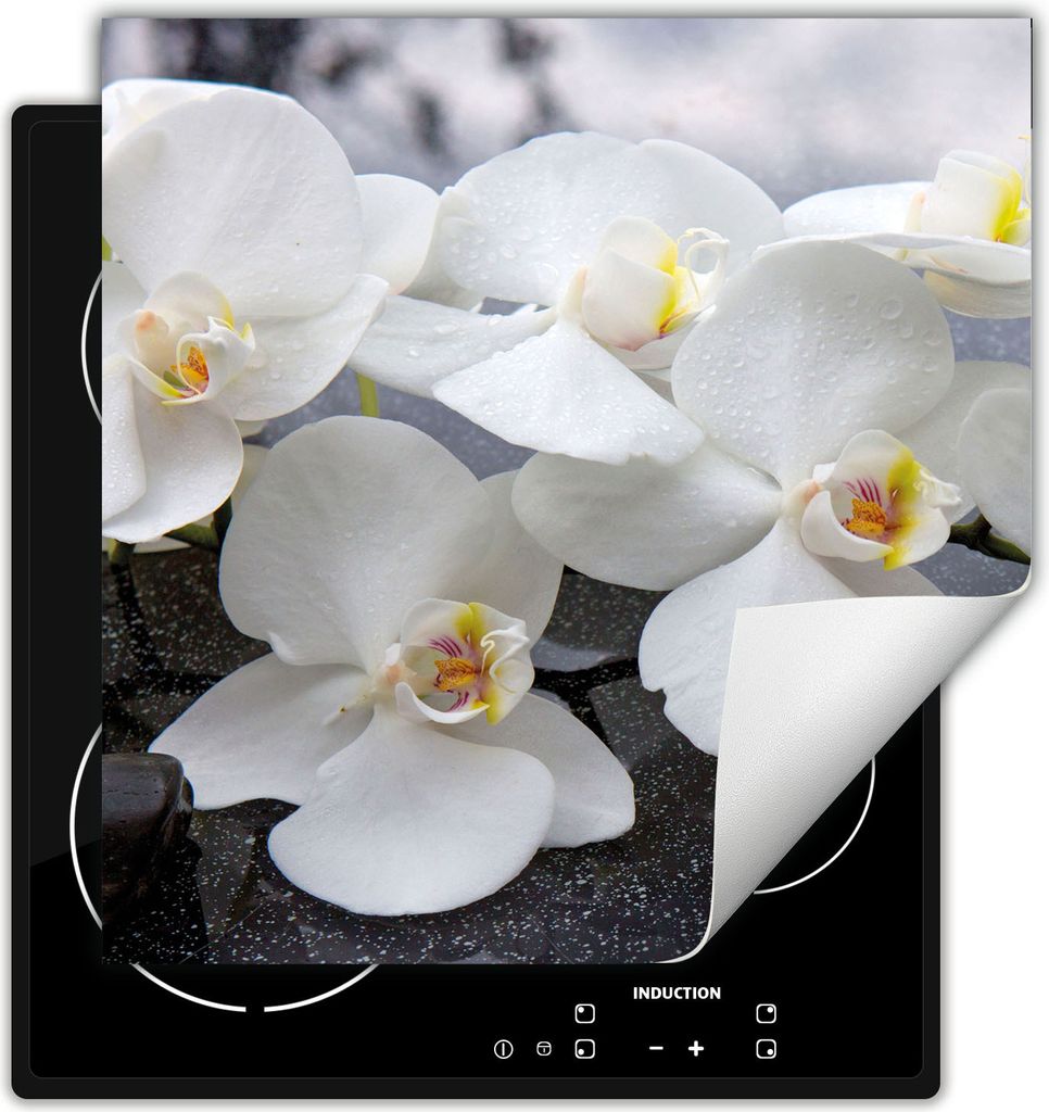 DarHaus Herdabdeckplatte 50x52 cm Anti Rutsch Matte Aufrollbar, weiß - Lilien