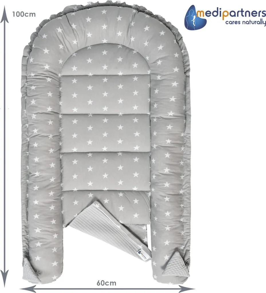Lit de voyage bébé 100x60cm en coton gaufré gris et imprimé étoiles