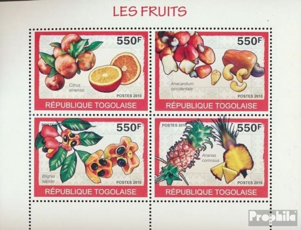 Briefmarken Togo 2010 Mi 3399-3402 Kleinbogen (kompl. Ausgabe) postfrisch Früchte