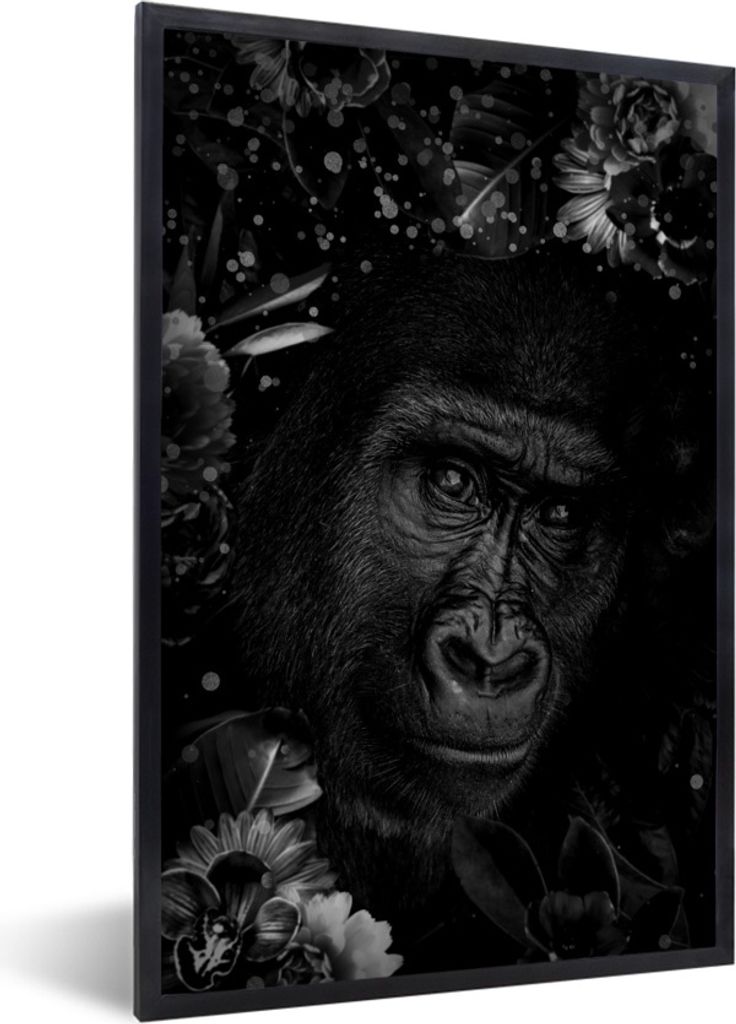 MuchoWow Gerahmtes Poster Botanische Affe mit hellen Kugeln gegen dunklen Hintergrund - schwarz und weiß 40x60 cm - Poster mit Schwarzem Bilderr...