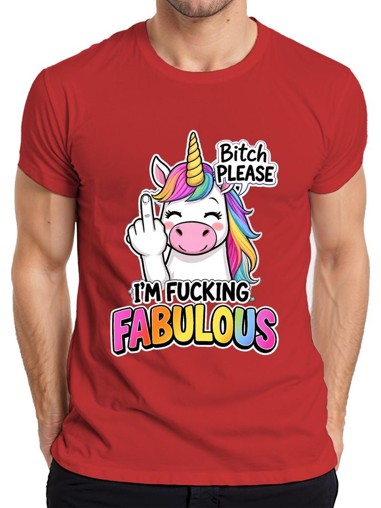 I'm Fucking Fabulous Einhorn Regenbogen Mittelfinger Geschenk Herren T-Shirt, Rot, 3XL