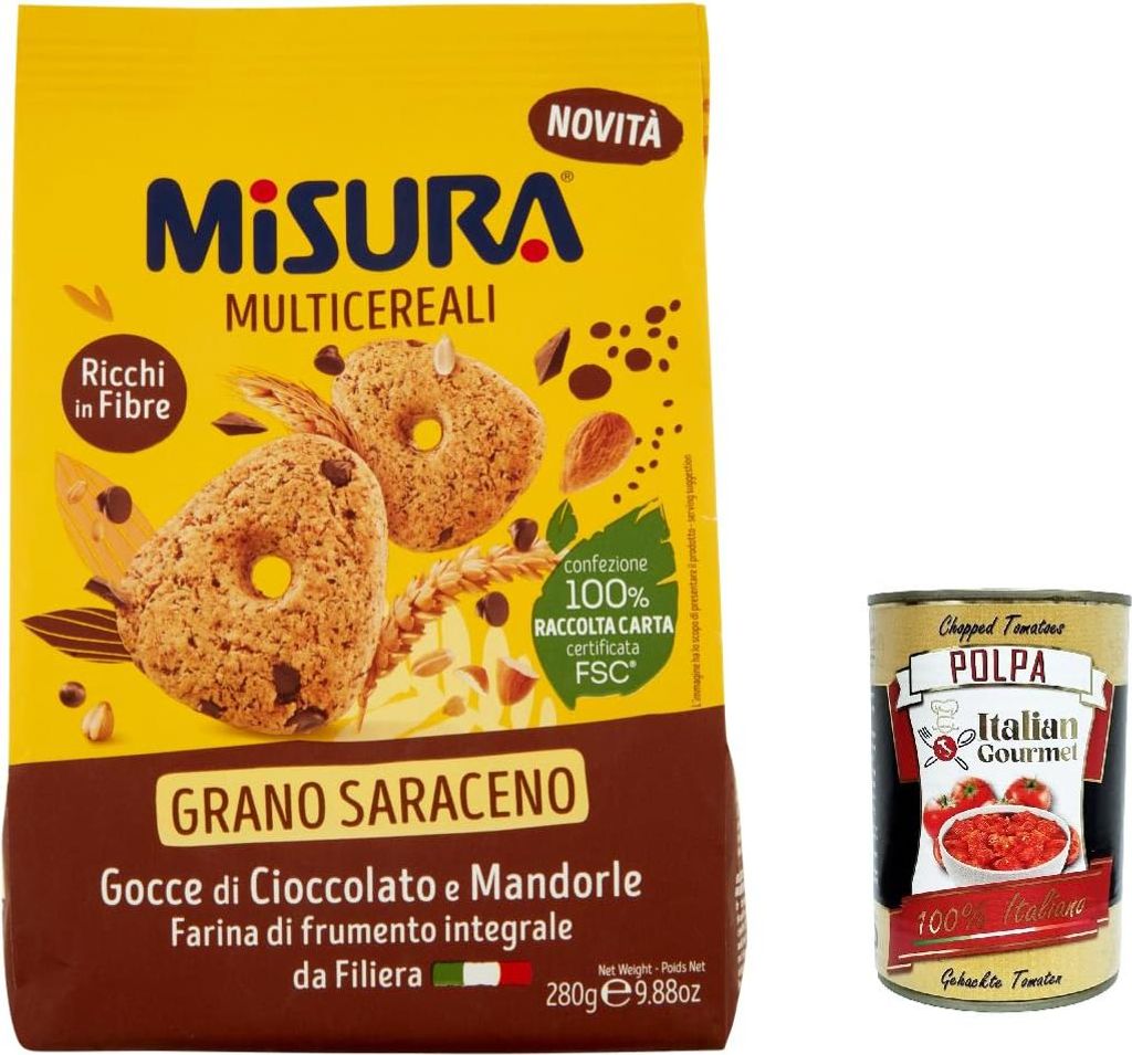 6x Misura Multicereali kekse Buchweizen Mehrkornkekse mit Schokoladenstückchen und Mandeln 280 g+ Italian gourmet polpa 400g