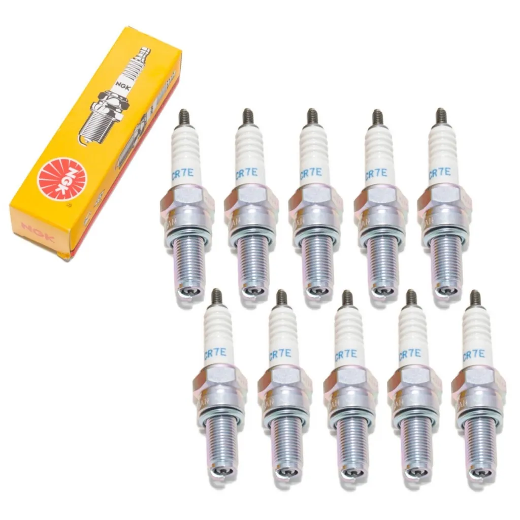 Set di candele NGK 10x CR7E con soppressione delle interferenze, filettatura lunga 19,0 mm Ø 10,0 mm esagono 16,0 mm, distanza tra gli elettrodi 0,75 mm, potere calorifico 7, 4509 / 4578 / 7513