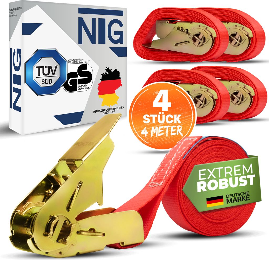 4 x Spanngurt Zurrgurte 4m (800 daN, KG) Einteilig 25mm,1 tlg. DIN