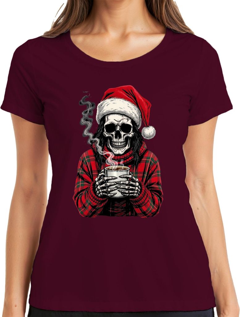 Weihnachtsmann Totenkopf Skelett Kaffee rot Karomuster Gothic Damen T-Shirt, Burgundy, S