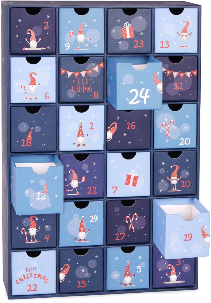 A wooden advent calendar with 24 drawers, decorated with gnomes and Christmas motifs.