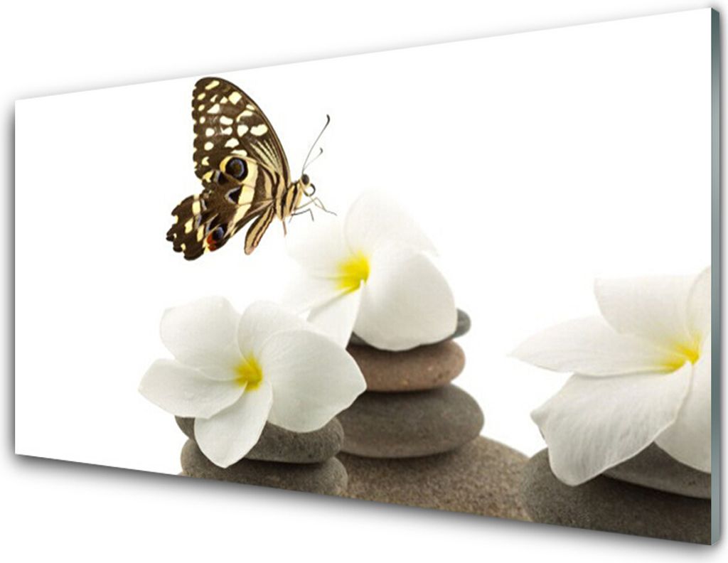 Küchenrückwand aus Glas 100x50cm Spritzschutz Schmetterling Blumen Steine