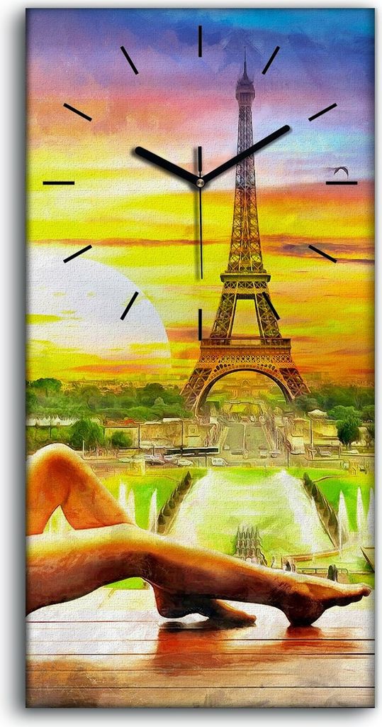 Wandbild Leinwand Bilder mit Uhr 30x60 Sonnenuntergang und Eiffelturm Paris - schwarze Hände