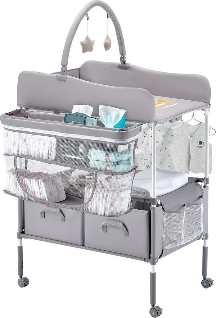 Foldable Baby Changing Diaper Station with Side Basket & Hanging Rod Gray