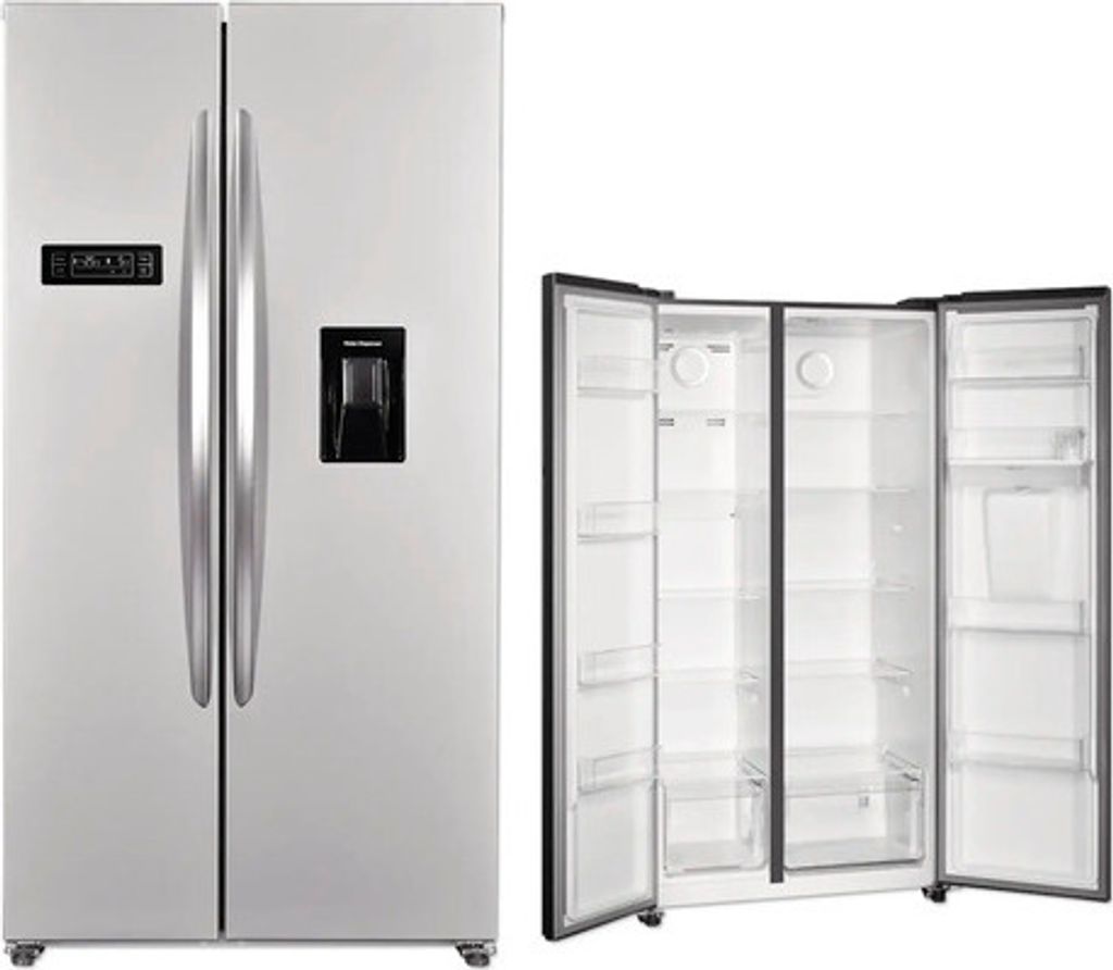 A side-by-side refrigerator with its doors open, showing the interior.