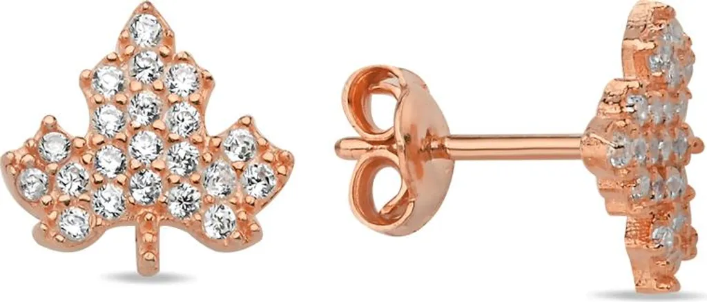 Boucles d'oreilles Argent 925 Feuille d'Érable Rose Doré et Zircone