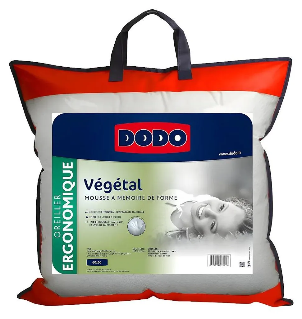 Oreiller ergonomique DODO VEGETAL 60x60 contre le mal de cou visco