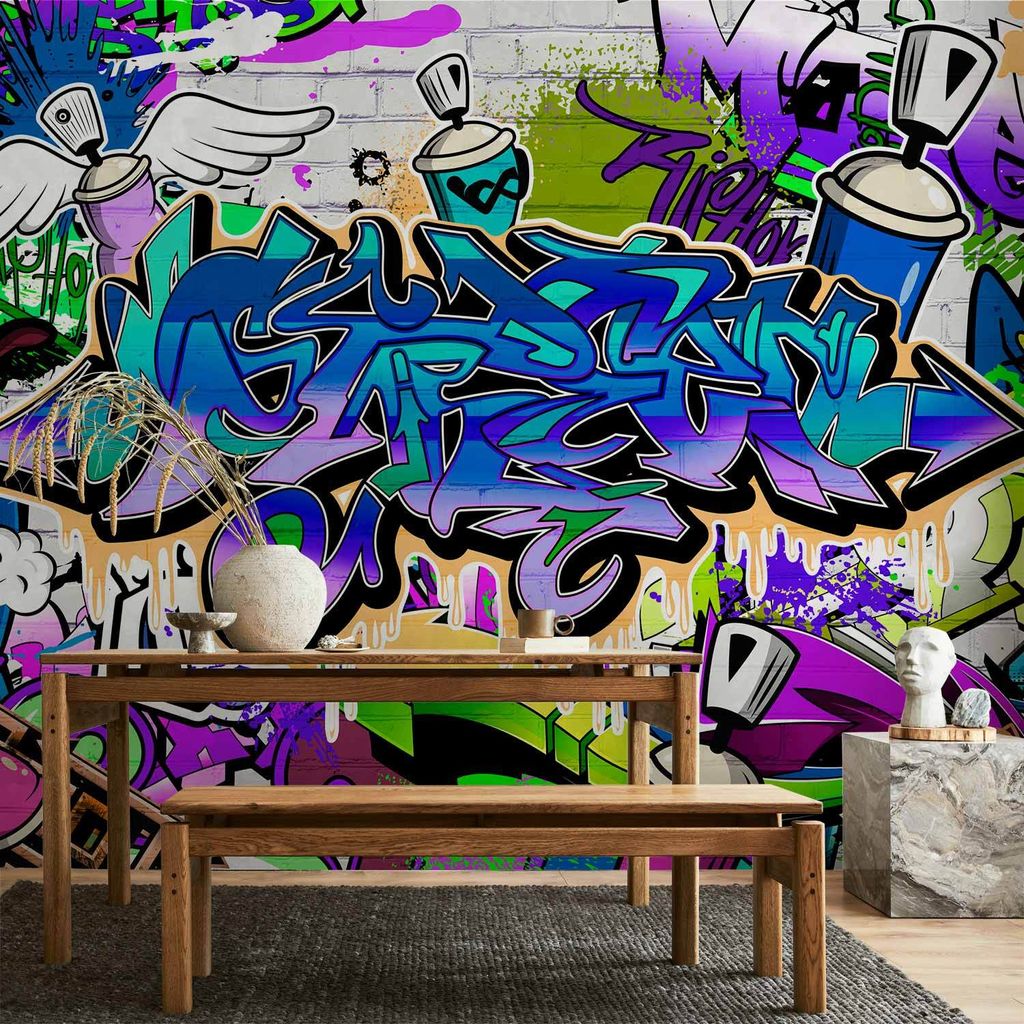 Vlies Fototapete - Graffiti: violet theme 450x315 cm Streetart f-A-0018-a-d