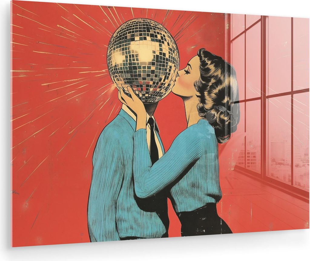 MuchoWow Glasbilder - Bilder auf Wandbild - Foto auf Glas Frau - Retro - Discokugel - Kuss 60x40 cm Wanddekoration aus Glas - Acrylglasbild - Acryl...