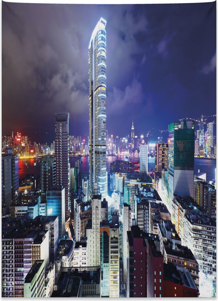 Abakuhaus Stadt Wandteppich, Downtown Hong Kong Nacht aus Weiches Mikrofaser Stoff Kein Verblassen Klare Farben Waschbar, 110 x 150 cm, Mehrfarbig