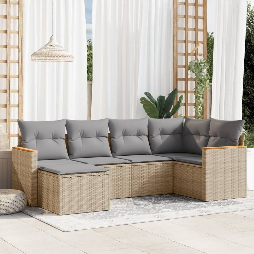 Design 6-tlg. Garten-Sofagarnitur mit Kissen Beige Poly Rattan, Gartenmöbel-Sets 2024 Neu