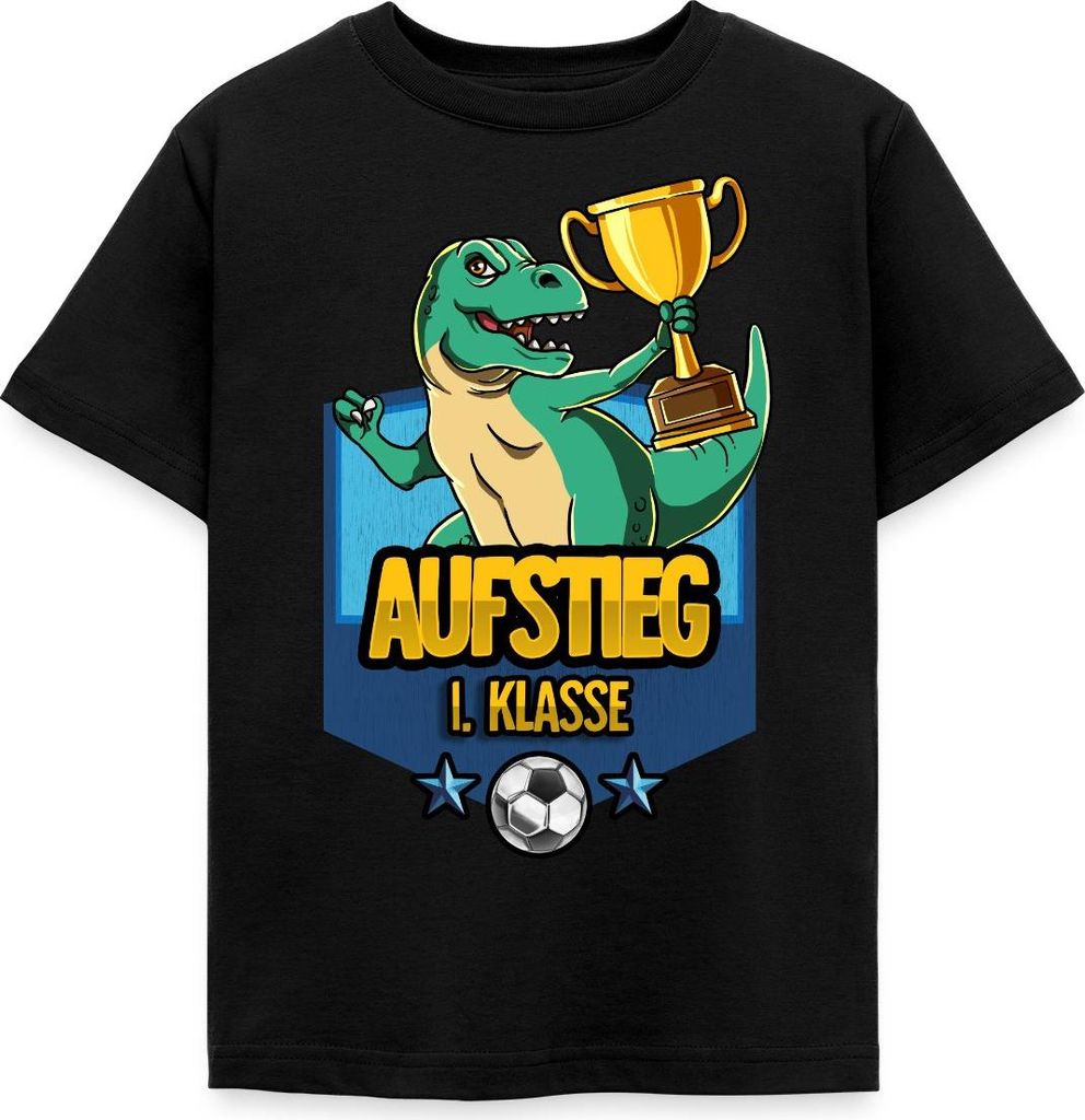 Spreadshirt Aufstieg 1. Klasse Schulanfang Fußball Löwe Kinder T-Shirt, 122/128 (7-8 Jahre), Schwarz