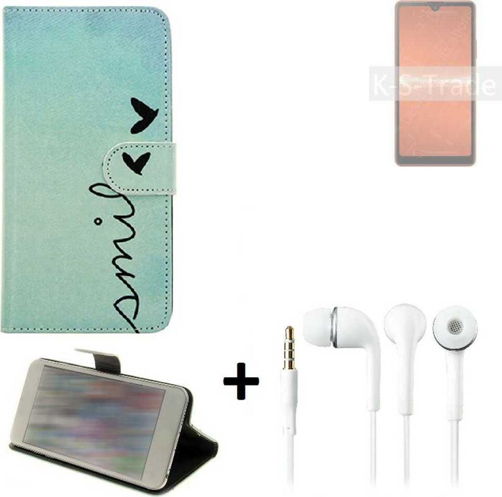 K-S-Trade Schutz Hülle Handy Hülle kompatibel mit Sony Xperia Ace III 360° Wallet Case Schutz Hülle ''smile'' inkl. Ohrstöpsel Smartphone cover