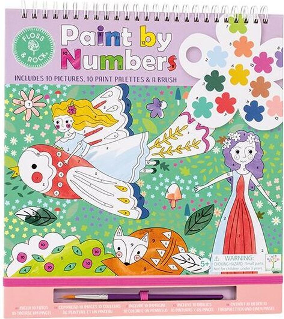 Malen nach Zahlen Set Märchen, 10 Bilder in Spiralbindung, perforierter Rand, Blumen-Farbpaletten, Pinsel