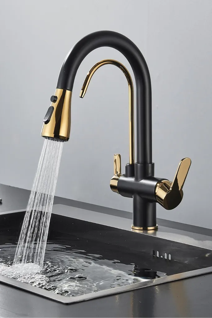Rubinetto da cucina ARI a 3 vie estraibile nero-oro in ceramica - 2