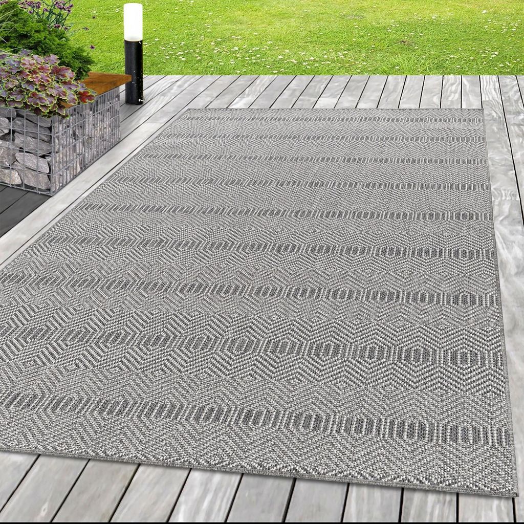 Terrassenteppich für drinnen und draußen, Sisalteppich in Korboptik, grau mit Hologrammmuster 140 x 200 cm