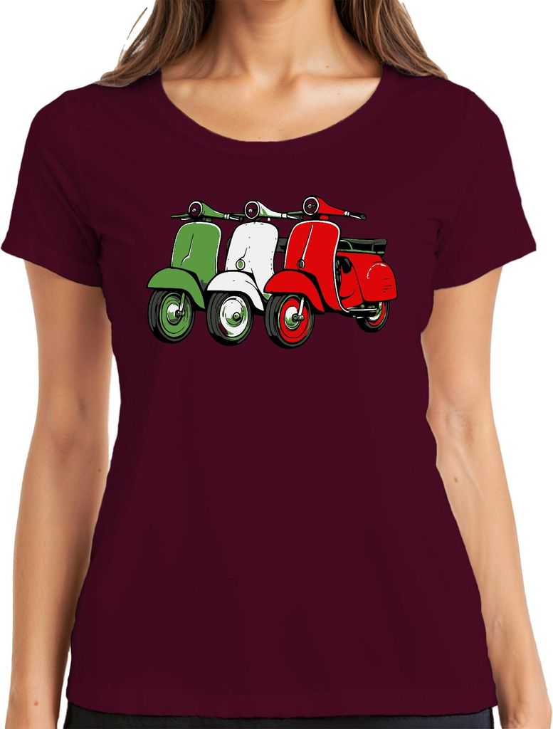 Italien Retro Roller Flagge Scooter Vintage Stil Lifestyle Damen T-Shirt, Burgundy, L