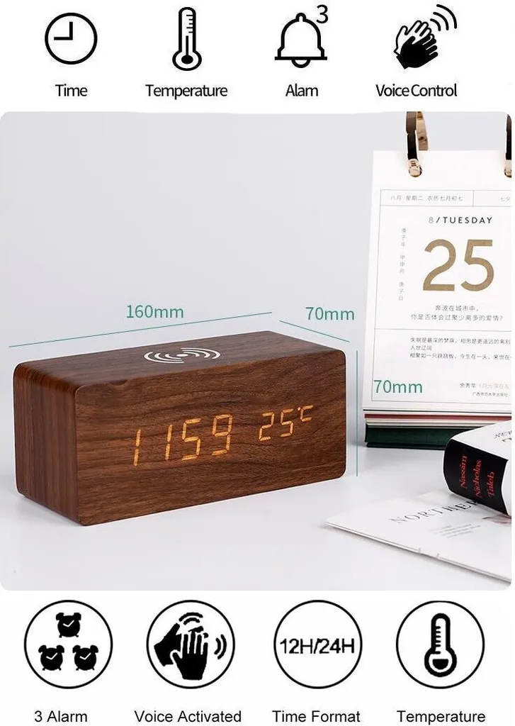 Réveil Numérique LED Beige Sans Fil avec Chargeur, Affichage Température & Humidité, 3 Alarmes et Contrôle Vocal